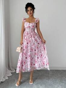 Elenzga Vestido de vacaciones romántico para mujer, vestido sin mangas con tirantes de espagueti, volantes en la espalda y estampado floral diminuto para el verano