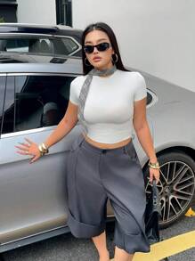 POPSWAY Calças elegantes e casuais de cintura alta, pernas largas, 7/10, para mulheres, com punhos dobrados, estilo solto, calças versáteis