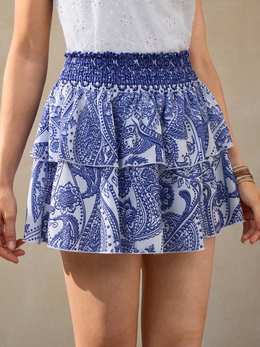 Wildy Fustă de vară pentru femei, stil american western, stil de vacanță, talie elastică, cu mai multe niveluri, asimetrică, tip boho, îmbrăcăminte pentru femei, fustă boho, fustă albastră, halat - Albastru - Vizualizare 1