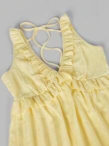 Dames mini-jurk met ruches en bandjes, effen kleur en geel, casual vakantiestijl, zomer