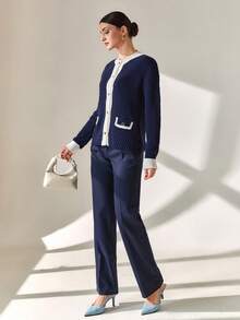 CLARA VERO Women Contrast Hem Detailed Front Button Pocket Detailed Navy Cardigan - Navy Blue - View 7