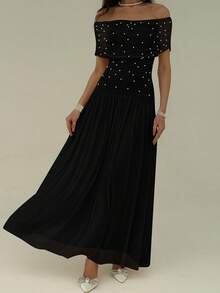 Aloruh Women Elegant Pearl Beaded Ruched Off Shoulder Fitted Long Dress Party Dresses For Women