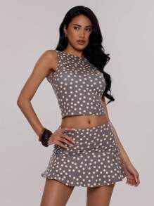 MUSERA Dainty Polka Dot Jersey Round Neck Sleeveless Summer Fun Girly Crop Top & Mini Skirt Winter Evening Spring - Multicolor - View 1
