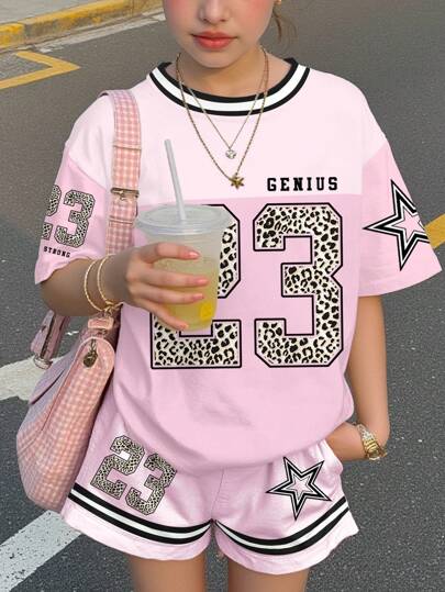 SHEIN Street-Style Jersey Outfit. Racer Jersey With Leopard Print, Number 23 And Star Pattern. Teen Girl Casual Minimalist Colorblock Round Neck Short Sleeve T-Shirt And Shorts 2-Piece Set, Suitable For Spring/Summer Teen Girl Clothes Teen Summer Clothes Set Girls Sporty Summer Sets Cute Shirts For 13 Year Olds E Girl Clothes