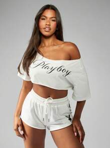 Missguided x Playboy 短款不对称肩上衣短袖时尚街头风格都市休闲家居服运动舞蹈工作室运动休闲服 - 白色 - 查看 5