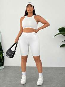 SHEIN EZwear Shorts informales de talle elástico blanco para mujer de talla grande