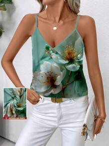 SHEIN Clasi Áo ba lỗ họa tiết hoa cổ điển tối giản dành cho nữ phù hợp cho mùa hè - màu xanh lá - Xem 7