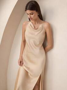 BizChic Rochie de vară elegantă și versatilă pentru femei 2025, fără mâneci, potrivită pentru afaceri, casual, vacanță la plajă, invitată la nuntă, festival de muzică country, brunch, ținută de aeroport - stil Stockholm, independență americană, rochie lungă din satin - Șampanie - Vizualizare 2