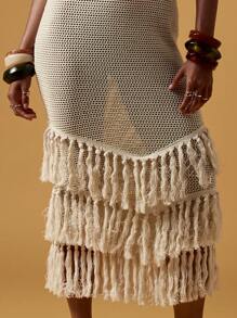 MISSGUIDED Vestido largo de verano de ganchillo con escote halter, bajo con flecos escalonados, estilo bohemio para resorts, playa y festivales - Albaricoque - Ver 4