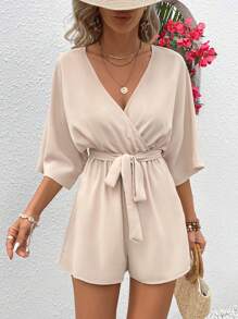 Vivid Eden Mùa hè dành cho nữ cổ chữ V Crisscross Quấn thắt lưng Thắt lưng họa tiết ren hoa Jumpsuit thông thường cho kỳ nghỉ - Màu be - Xem 4