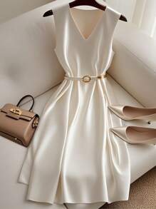 Franclia 1 件女士无袖束腰中长连衣裙，女士优雅中长连衣裙，采用珠地网眼面料