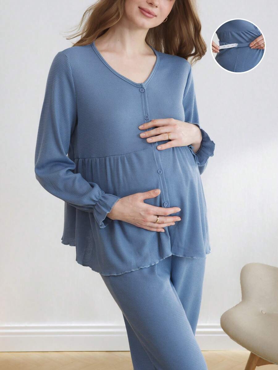 Moonlight&Mama Solid Color Loose Flare Sleeve Open Front V-Neck Maternity Loungewear Set - Blue - View 1