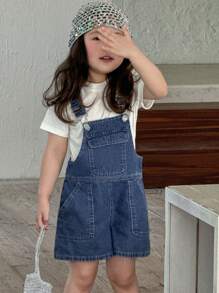 Dazy Kids 年轻女孩休闲水洗韩版可爱做旧宽松牛仔背带裤和连体裤，女孩夏季服装 - 藍色 - 查看 3