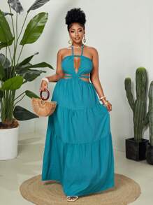 Maweii Plus Size Sleeveless Solid Color Hollow Out Ruffle Hem Dress - Blue - View 2