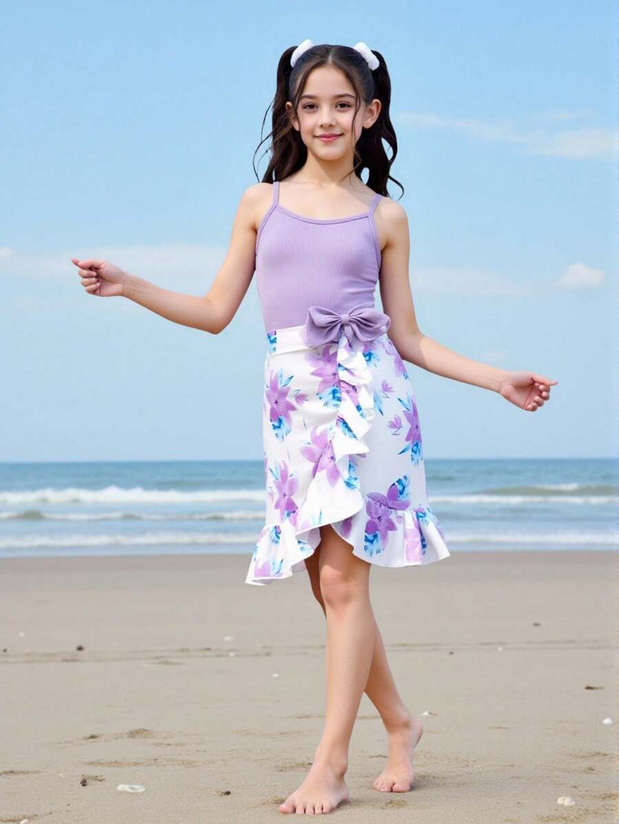SHEIN 2pcs Tween Girl Floral Print Spaghetti Strap Top And Ruffle Hem Bowknot Skirt Set, Purple - Yellow - View 1