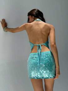 Aloruh Women's Spring/Summer Party Graduation New Fashion Beaded Cowl Neck Sleeveless Backless Sexy Music Festival Crop Tank Top Cute Summer Tops - Blue - View 2