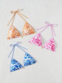 Swim Vcay Women 3pcs Set Blue And White Porcelain Print Halter Backless Bikini Top,Boho Decorative Shell Pirate Ship,White,Summer,Beach Vacation,Holiday,Party - Multicolor - View 3