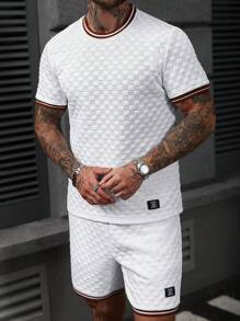 Manfinity Homme 2pcs Men's Applique Striped Print Round Neck Short Sleeve T-Shirt And Pocket Shorts Set