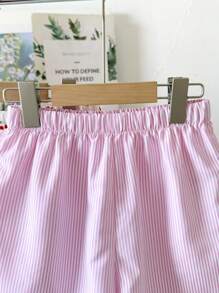 3pcs/Set Tween Girl Cherry Print Loose Casual Pink Striped And Solid Red Shorts Set - Multicolor - View 7