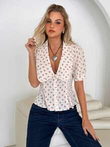 Roylia Peter Pan Collar Ditsy Floral Slimming Versatile New Shirt - Apricot - View 4