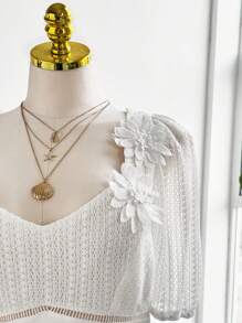 Flirla Plus Size Women Solid Color Romantic Elegant Hollow Textured Fitted Blouse Elegant Exquisite - White - View 1