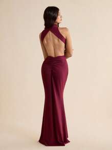 SHEIN Tall 女士纯色褶饰鱼尾下摆优雅无袖露背连衣裙