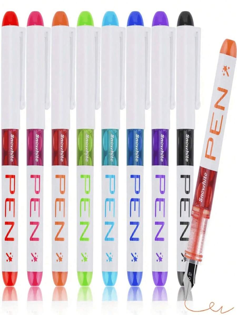 SHEIN 8 支/16 支速干细头塑料钢笔，带可拆卸笔帽，EF 笔尖，一次性直接填充墨水笔 - 8pcs彩色(opp袋裝) - 查看 1