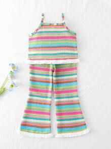 Playful Pals 2pcs/Set Young Girl Casual Colorful Stripe Tassel 3D Floral Decor Camisole & Flare Pants Set, Suitable For Spring/Summer, Outings, Travel, Photography, Parties, And Daily Wear