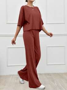 SHEIN Tall Cotton Simple Summer Solid Loose Drop Shoulder Short Sleeve Top And Straight Pants, Tall Women - Redwood - View 3