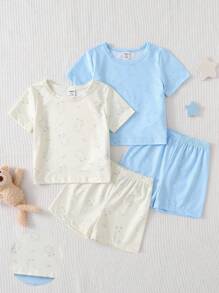 4pcs/Set Toddler/Infant Boys' Simple Stylish White & Blue Combo Round Neck Short Sleeve & Shorts Casual Homewear, Summer - Multicolor - View 6