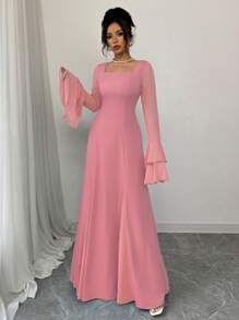 Rafferiza Blue Square Neck Layered Ruffle Sleeve Loose Midi Dress For Women Fall Cloth For Women - Pink - View 3