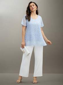 SHEIN Clasi 大码女式优雅花卉蕾丝覆盖束腰上衣，浅蓝色 - 藍色 - 查看 3