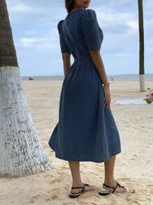 DAZY Vestido de mezclilla para mujer con cuello cuadrado, mangas abullonadas y cintura fruncida, estilo occidental de verano