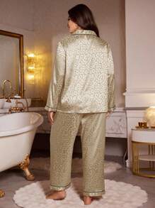 MuseNap CURVE 大码豹纹提花仿丝绸衬衫上衣和裤子睡衣套装，秋冬服装 - 黃色 - 查看 2