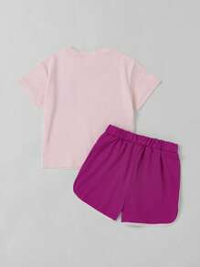 2pcs/Set Baby Girls Cute Rabbit Embroidered Casual Round Neck Short Sleeve Top & Shorts Set, Suitable For Outings In Summer - Multicolor - View 2