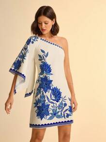 CAJUNI 短款度假休闲印花不对称领口连衣裙，蓝色