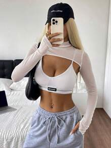 SHEIN EZwear Women's Sheer White Mesh Turtleneck Slim Fit Top - White - View 5