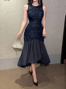 DAZY 女士无袖纹理面料美人鱼连衣裙，返校季服装，婚礼女装，鸡尾酒会礼服 - 藏蓝色 - 查看 3