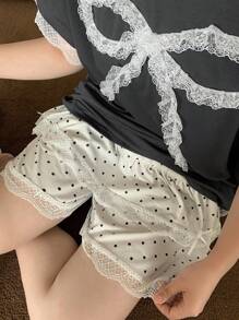 Dazy Plus Bow Decor Round Neck Top + Polka Dot Lace Splice Pants Pajama Set