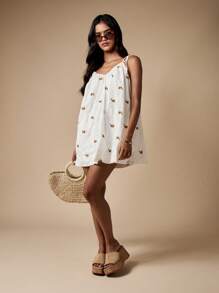 MISSGUIDED Vestido corto de verano tipo bata con escote de lazada, bordado de girasol, estilo línea A, informal, para primavera y uso como cubridor en la playa - Blanco - Ver 3