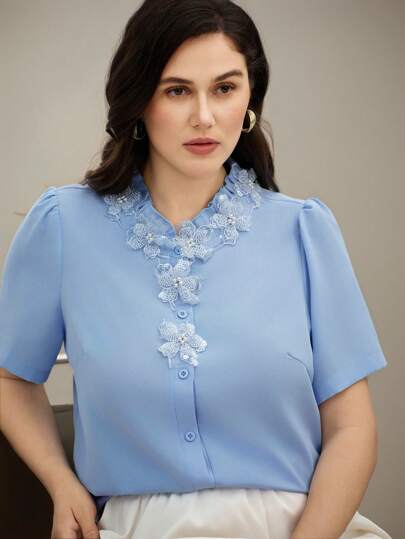 Flouryn Damen Große Größen Elegante einfarbige 3D Blumen Bluse