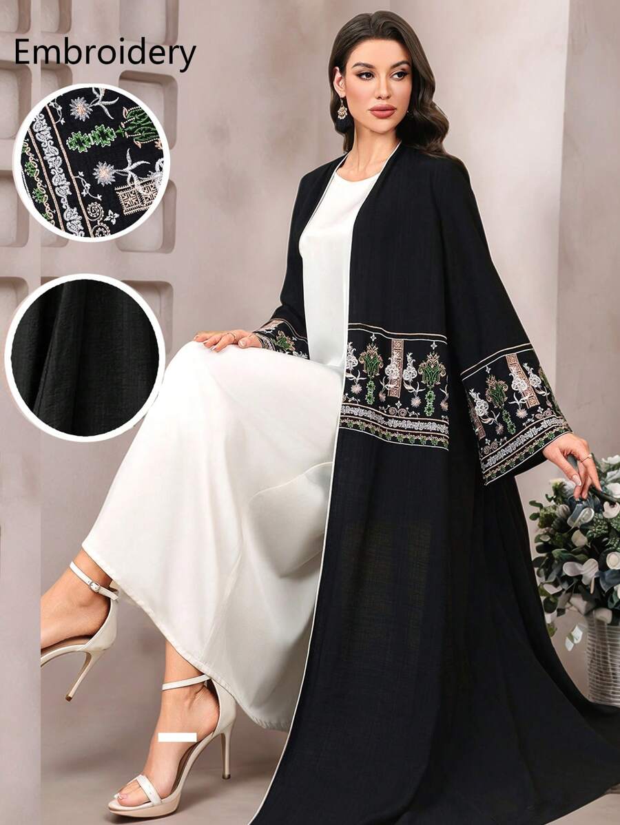 Al Najma 女士花卉印花长袖阿拉伯长袍，端庄长袍 - 黑色 - 查看 1