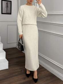 SHEIN Cottnline Casual Comfy Oversize Fit Drop Shoulder Long Sleeve Sweater & Maxi Knitted Solid Color Fitted Plain Pattern Knit Skirt 2 Pieces Set For Women Winter Collection,Petite - Apricot - View 1