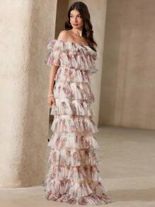 Aveloria Rosie Rose Garden-Style Pink Mesh Laser Cut Maxi Dress, Off Shoulder Tiered Ruffle Hem, 3D Mesh Fabric For Elegant Look, Waisted Design Highlights Curves, Suitable For Travel, Vacation, Parties