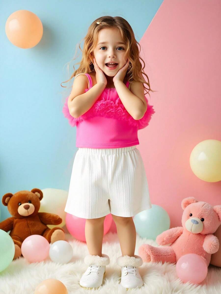 SHEIN 2pcs/Set Young Girls Cute Pink Mesh Suspender & White Textured Fabric Shorts Set - Multicolor - View 1