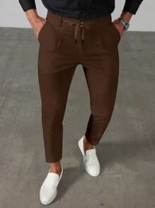 Manfinity Mode Celana Panjang Pria Warna Cokelat Kopi untuk Musim Panas, Kasual, untuk Kantor, Gaya Klasik, Warna Polos, Desain Ikat Pinggang dengan Tali Serut, Cocok untuk Perjalanan Sehari-hari - Coffee Brown - View 3