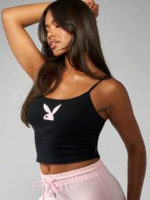 Missguided x Playboy Top básico de verano esencial para la moda activa, el entrenamiento y el descanso con logo de conejito icónico, diseño de top corto femenino de estilo deportivo informal