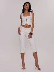 MUSERA 缝线拉链七分牛仔裤，优雅、假日、可爱，Y2K风格生日夏日度假款 - 白色 - 查看 1