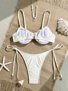 Swim Mod Spring Break 2pcs Set - Solid Color Spaghetti Strap Underwire Chest-Tie Top And Side Knotted Swim Shorts, Cute Women Summer Beach Bikini Set