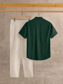 HIMLAND 2pcs/Set Men Woven Close-Fitting V-Neck Short Sleeve Casual Shirt Set